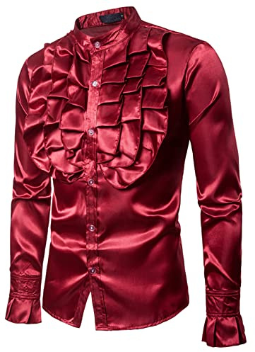 Hombre Camisa de Vestir Camisa Vintage de Volantes con Manga Larga y Cuello Henley Hombre Blusa Brillante Esmoquin de Fiesta Camisa Ajustada Shirt Delgado Club Ceremonia Graduación (Rojo, L)