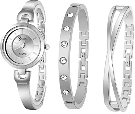 JewelryWe 3pcs Damenuhr Armreif Set Damen Einfach Metallarmband Analog Quarz Uhr Strass Infinity Unendlichkeit Zeichen Armband Schmuckset Geschenke für Frauen Silber