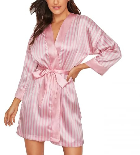 Womens Dressing Gown Satin Kimono Robe Ladies Silk Stripe Bathrobe Oblique V-Neck Short Robes for Bride Bridesmaids,Wedding Party Loungewear Plus Size Sleepwear Nightwear Pajamas Short S-XXL Pink