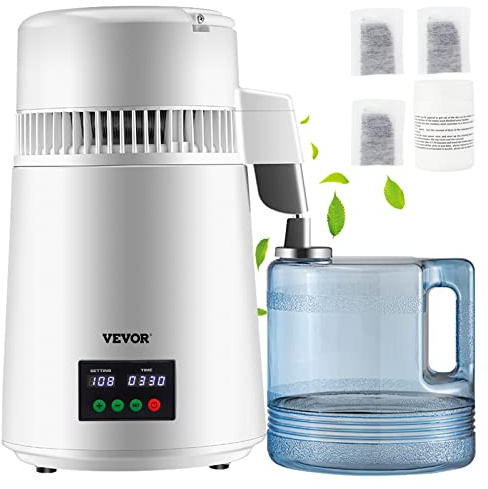 VEVOR Distillatore d'Acqua Volume della Canna 4 L, Distillatore Bianco per Purificazione dell'Acqua 1 L/H con Contenitore in Plastica, per Cucina Uffici, Lab, Ospedali, Cliniche Dentistiche, ecc.