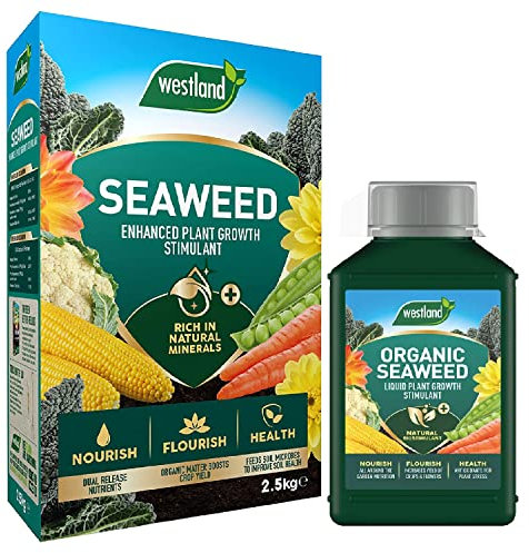 Seaweed Garden Plants Food Fertilizer - Organic Enhanced Plant Growth Stimulant 2.5kg & Liquid Plant Feed Growth Stimulant 1L Garden Fertilisers for Vegetable Plants, Fruits with Topline Card.