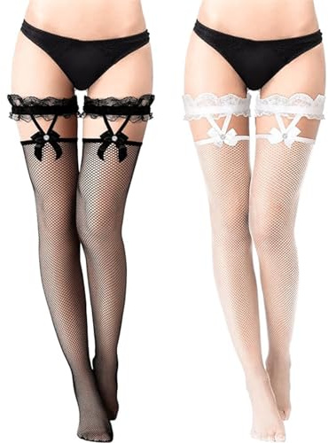 Xumann 2 Pairs Hold ups Fishnet Stockings for Women Black and White Stockings Women's Suspenders Thigh High Sexy Stocking