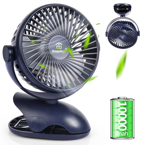Dreamhigh® USB Ventilator 10000mAh, Maximale Akkulaufzeit 35 Stunden, 360° Drehung Mini Ventilator Akku, 4 -Gang Tischventilator Klein, Clip Fan für Desktop, Kinderwagen, Büro, Wohnmobil,Camping