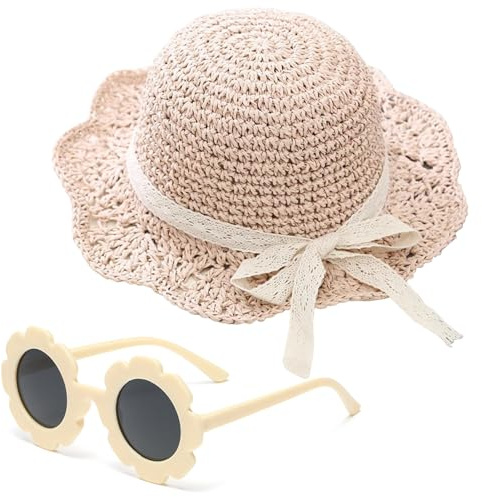 Girls Straw Hat with Flower Round Sunglasses, Summer Foldable Large Brim Sunflower Bowknot Beach Toddler Straw Sun Hat, 2-6T