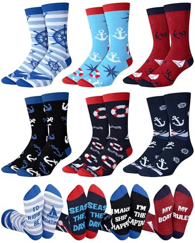 ShinyMatch 6 Pairs Boating Socks for Men Sailing Nautical Ships Boats Novelty Casual Crew Socks Cruising Cool Gifts for Boat Owners, Classic Colors, 5-12 UK