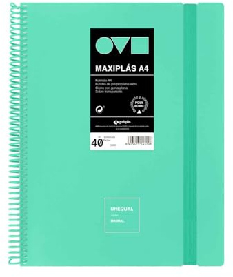 Grafoplas | Carpetas de Fundas Plastico A4 | 40 Forros Transparentes | Tapas Rígidas de Polyfoam | Resistente y Ultraligero | Color Mint | Espiral PVC | Unequal Minimal | Perfecta para Documentos