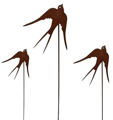 Bornhöft Lot de 3 piquets de jardin en forme d'hirondelles en métal rouillé - Décoration de jardin romantique