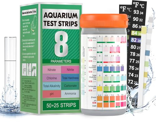 Pawfly 8 in 1 Aquarium Test Strips, 75 Strips Fish Tank Water Testing kit for pH Chlorine Nitrate Nitrite Carbonate Hardness Total Alkalinity & Ammonia Water Quality Freshwater Saltwater Test Kit
