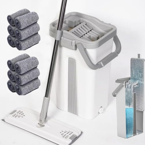 NEW! Superior Sturdy Floor Mop and Bucket Set − Easy Squeeze Bucket, Flat Mop with 12 Machine Washable Microfibre Pads for All Floors (WHITE)