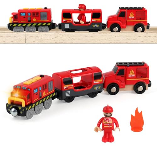 SKIKHN Train de pompiers en bois, à piles, avec lumière et son, voiture jouet pour tout-petits, garçons et filles, rouge