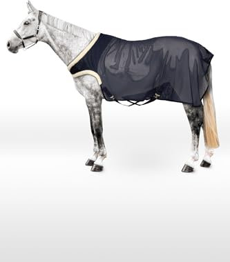 Horze Mesh Führanlagendecke – Atmungsaktive & Strapazierfähige Pferdedecke mit Gehfalte, Kreuzbegurtung & Schweifriemen, Blau, 145