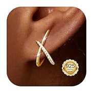 Diamday Pendientes Mujer Oro Pendientes Plata de Ley 925 Hipoalergénico Para Oídos Sensibles Forma Minimalista X Con Pequeñas Circonitas Pendiente De Moda Joyería