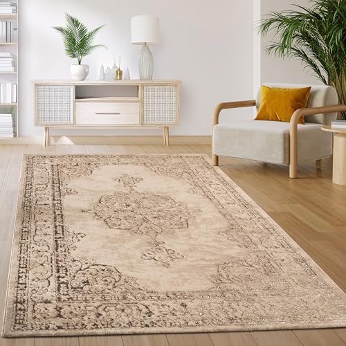 Paco Home Carpet Living Room Bedroom Short Pile Vintage Oriental Abstract Pattern Modern Beige, Size:160x220 cm
