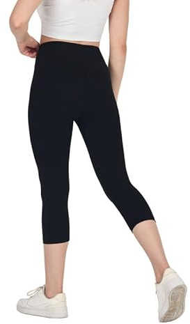 COMEOR Leggings Damen 3/4 Atmungsaktiver Baumwolle - High Waist Caprihose, Kurze Sport Leggins, Radlerhose Elastische Blickdicht Yogahose Sporthose (Schwarz, L)