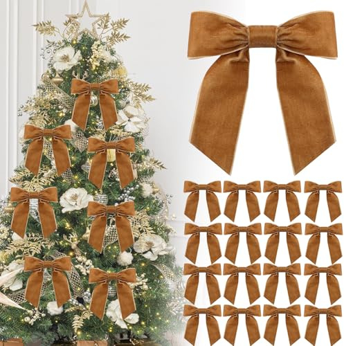 16P Christmas Khaki Velvet Ribbon Gift Bows,4.3 Brown Velvet Bows with Twist Ties,Christmas Tree Bow,Vintage Wedding Velvets BowXmas Wreaths Garland Velvets Ribbon for Pretied Gift Wrapping Bows