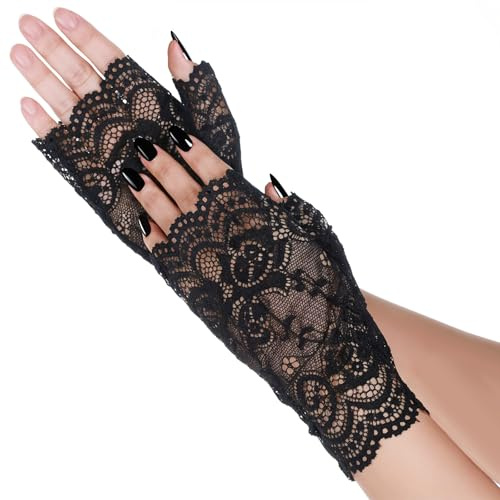 Trinkrittey Fingerless Women Short Lace Gloves Floral Lace Gloves Women Black Novelty Glove Sunblock Bridal Wrist Glove for 20s Bridal Prom Wedding Evening Halloween Costume Accessories Tea Party