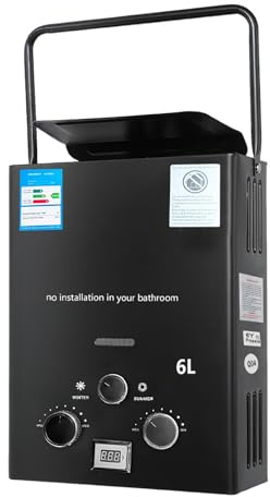 Calentador de agua de gas, 16 kW, GLP, gas propano, 6 L, portátil, calentador de agua caliente, calentador de agua caliente, caldera instantánea sin depósito, para camping, caravanas y hogar (con asa)