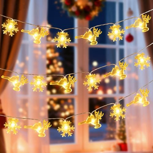 Qoosea Guirlande Lumineuse Solaire de Noël 50 LED Alimentée par Énergie Solaire Imperméable avec Flocons de Neige&Renne 8 Modes avec Minuterie Auto Marche/Arrêt pour Décoration de Jardin Clôture Noël