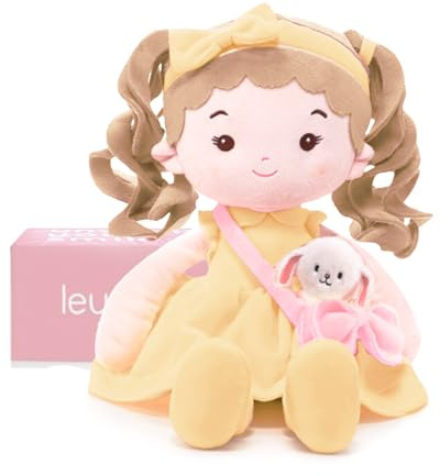LeyaDoll Mjuk docka för barn (40 cm), första tygdocka för 1-årig flicka, födelsedagspresent och julklapp, plyschleksak för nyfödda och barn-soligt och hon-husdjur-kanin