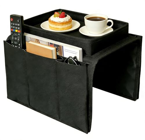 Organizador de bandeja para sofá, impermeable, antideslizante, soporte para mando a distancia de TV, con 4 bolsas, reposabrazos, soporte para tazas para bebidas, teléfono, TV, control remoto, revistas