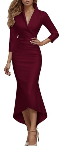 Foweknow Robe élégante pour femme - Robe de cocktail festive - Longue en satin - Robe fourreau - Manches longues - Col en V - Robe maxi - Robe d'hiver - Robe d'affaires pour femme, rouge, S