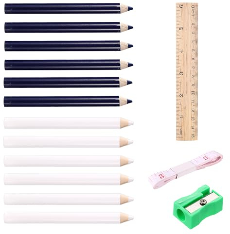 12pcs Fabric Marking Pencils for Sewing, White & Blue Water Soluble Fabric Markers Washable Tailors Chalk Pen Tracing Tools with Sharpener, Ruler & Tape Measure for Dressmaking Quilting Craft Supplies