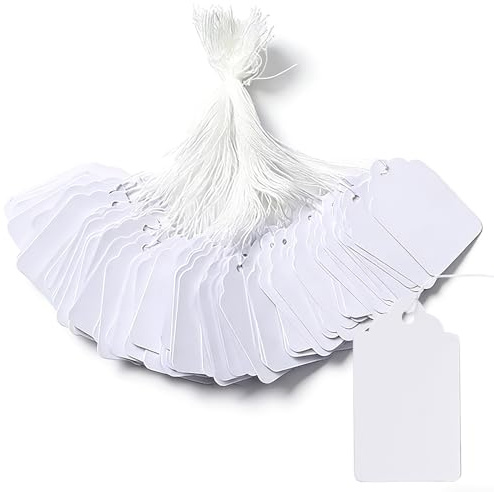 Writable Price Labels, Tag Stickers, Display Tags with Hanging Strings – Quick Identification & Reusable Item Organization for Clothing, Jewelry, Gifts (White,100)