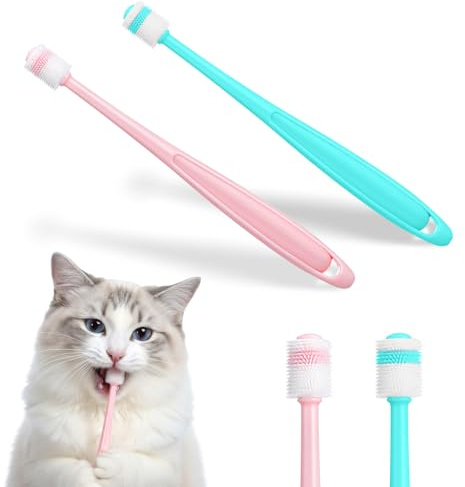 Yuanan Lot de 2 brosses à dents en silicone à 360 degrés pour animal domestique, poils souples pour nettoyage des dents de petit chien et chat, rose et vert