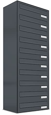 AL Briefkastensysteme 10er Briefkasten für Tür/Zaundurchwurf in Anthrazit Grau RAL 7016, 10 Fach, wetterfeste Briefkastenanlage Design modern