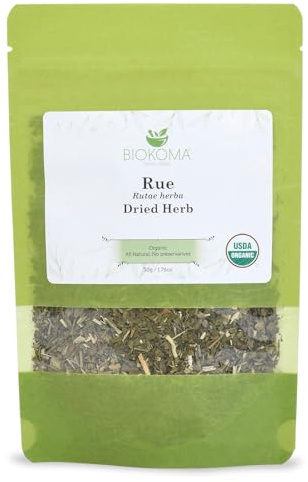 Biokoma Organic Rue Dried Herb 50g Premium Loose Leaf Ruta Graveolens USDA Organic Herbal Tea Aromatic Sachets Spiritual Use Resealable Moisture Proof Pouch No Additives No Preservatives No GMO Kosher