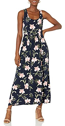 Amazon Essentials Women's Long Waisted Maxi Dress (Plus Size Available), Navy Tropical, L