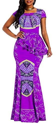 VERWIN Robe longue africaine à manches longues col carré, motif géométrique, coupe Sirène - Violet - XX-Large