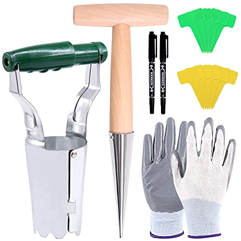 Wokape Lot de 106 outils de jardinage pour plantation de bulbes comprenant 1 plantoir en métal, 100 étiquettes en T, 1 paire de gants et 2 marqueurs, kit de plantation portable pour semis de jardin