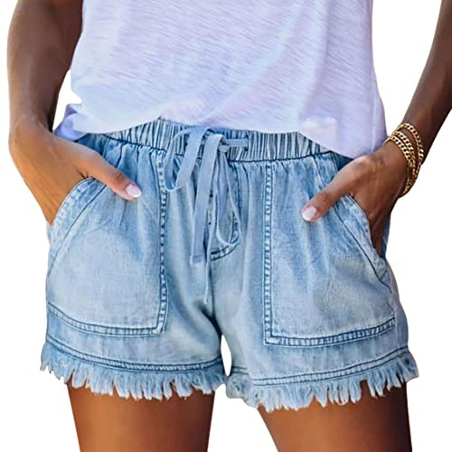 NLAND Pantaloncini Estivi da Donna Jeans Estivi Larghi Shorts Casual con Coulisse Donna Pantaloncini da Spiaggia Tinta Unita(Azzurro,L)