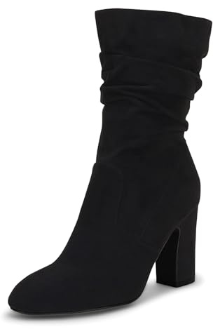 Women's Mid Calf Slouchy Boots Suede High Heel Zip Stacked Chunky Block Round Toe Booties Black Size 9