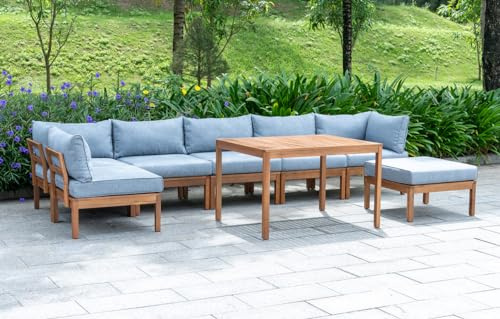Out & Out Original Cali 7-Seat FSC Eucalyptus Wood Lounge Set - L-Shape w/Ottoman, Grey Cushions, Table - Outdoor Garden Furniture