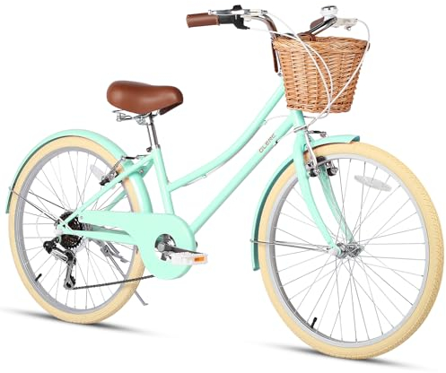 Glerc 24 Mädchen Cruiser Bike 6-Gang Cruiser Women's Hybird Fahrrad für Alter 7 8 9 10 11 Jahre alt mit Weidenkorb. Leichter Rahmen und Gabel, Mintgrün