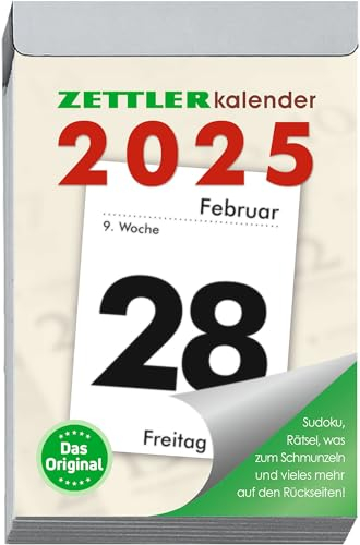 Zettler - Tagesabreißkalender 2025 L, 6,6x9,9cm, Abreißkalender mit Sudokus, Rezepten und Rätseln, Sonnen- und Mondzeiten, Namenstage, mit Aufhängung und deutsches Kalendarium