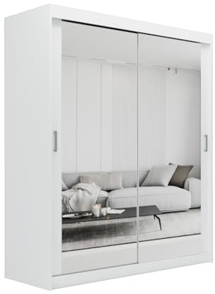 ELUKS SKY Double Sliding Doors Wardrobe with Mirror Drawers Furniture for Bedroom Living Room and Hall Wardrobe Organizer Width 100cm/120cm/150cm/180cm/200cm (White, 100cm+ 2 drawers)