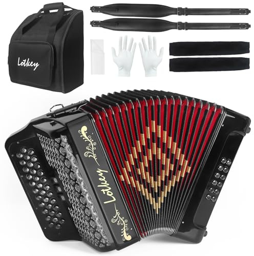 Lotkey 34 Key Diatonic Accordion, 3412 Multi Tone Celluloid Accordions Louder Clearer Timbre than Plastic for Adult, Beginner, Professional with Updated Bag, Straps, Acordeón Wrist Guard (GCF Black)