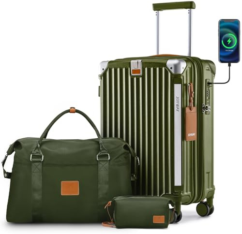 Joyway 20in Carry On Luggage with Cup Holder and USB Port, 25% Expandable Capacity, Smart Suitcase with Anti Slip Wheels and Handbag, Perfect for Men and Women 3 Piece Set DarkGreen