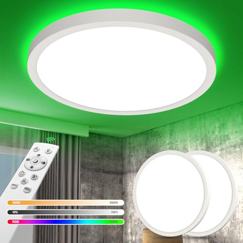 YiLaie Lot de 2 Plafonnier LED Dimmable RGB, 24W 2700LM Luminaire Plafonnier LED avec Telecommande, 3000K-6500K IP44 Lampe Plafond Pour Chambre, Salon, Salle de Bain, Balcon, Chambre Enfant, Ø30CM