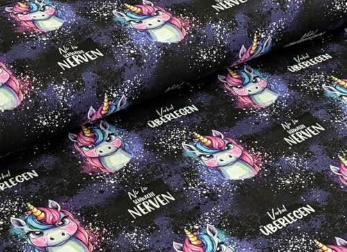 Eigenproduktion Baumwolljersey Einhorn Nix für Schwache Nerven auf Lila Kleiderstoff Meterware