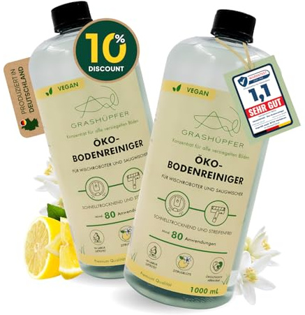 GRASHÜPFER® Nettoyant écologique pour robots laveurs de sols [FLEUR D'AGRUMES] - Compatible avec les robots laveurs de sols et aspirateurs sans fil Roborock, Dreame, Ecovacs & Co. - Lot de 2