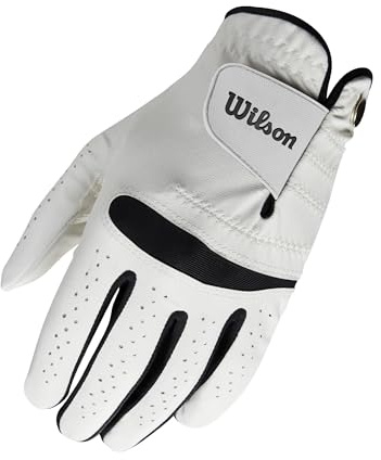 Wilson Feel Plus Guante de Golf para Hombre, Hecho con Cuero de Calidad, Agarre Mejorado y Control del Sudor, Color: Blanco, Talla: ML (Mano Izquierda)