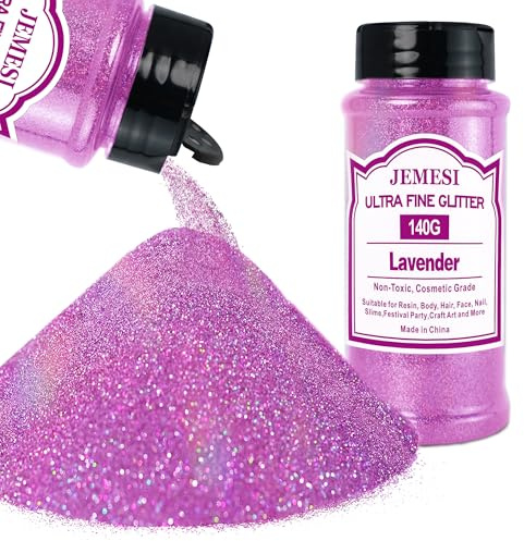 JEMESI Lavendel glitterpulver, 140 g – 0,2 mm ultratunt glitterpulver glitter för epoxiharts, gör-det-själv-pyssel, tumbler målning ljus tillverkning; kosmetiskt glitter, nagelpulver, body glitter hår