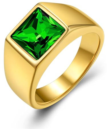 GoldChic Männer Ring Gold Edelstahlring Gravur Siegelring mit Geburtsstein 8MM breit Eheringe 59mm Verlobungsring Zirkonia Ring Accessoires Modeschmuck