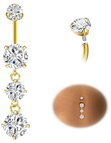 ESHIONER G23 Titan navelstänger piercing silver dinglande guld navelsmycken lång liten kort skivstång CZ boll dinglande magstänger piercing 14G 10 mm 12 mm 14 mm
