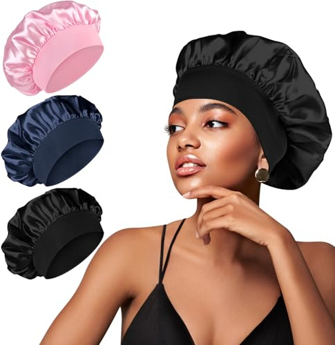 Oumida Bonnet Satin Cheveux Nuit, Bonnet Satin en Soie Souple et Éllastiquepour Pour Femmes Cheveux Longs Cheveux Bouclés, Noir/Rose/Bleu