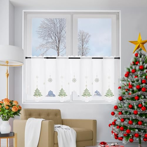 Yujiao Mao Tenda in voile – Tenda di Natale, 1 pezzo HxL 30 x 120 cm, verde, trasparente, ricamata con albero di Natale, regalo di Natale, piccola tenda per cucina, camera da letto, sala da pranzo